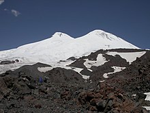 Double summit of Elbrus, seen from the summit station of the second section of the Elbrus cableway