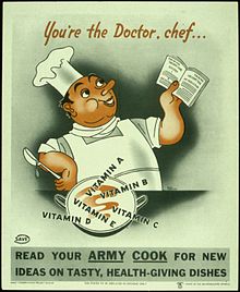 Poster of the U.S. Army from 1941/45, with which army cooks were to be encouraged to prepare vitamin-rich ("health-promoting") dishes.