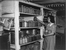4-H Clubmitglied, das Lebensmittel aus ihrem Garten in Dosen lagert, Rockbridge County, Virginia, ca. 1942