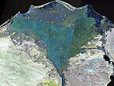 Satelitní fotografie delty Nilu pořízená NASA (zobrazena nepravou barvou)