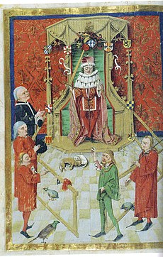 A vassal swears the oath of fealty before the enthroned Count Palatine Frederick I of the Palatinate.