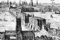 Rysunek przedstawiający most Old London Bridge z przeoratem Southwark (katedrą) w 1616 r. na pierwszym planie