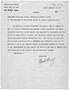 Appel fra Hồ Chi Minh til USA's præsident Harry Truman i 1946, hvor han beder Truman om hjælp til at bekæmpe franskmændene.  