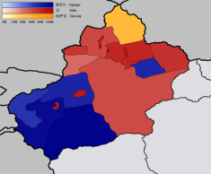 Nationalities in Xinjiang: largest groups by district: Blue = Uyghur Red = Han Chinese Yellow = Kazakhs