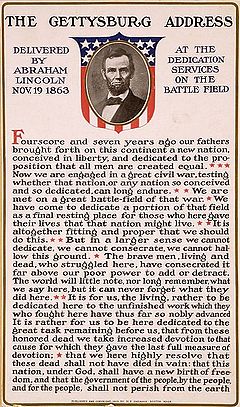 Plakat iz začetka 20. stoletja, na katerem je portret Abrahama Lincolna nad besedami Gettysburškega govora