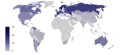 Mapa da população irreligiosa, por porcentagem no mundo. Alguns países, como Brasil, México e Chile, não têm categorias para ateísmo, agnosticismo e humanismo na caixa do censo. Além disso, em alguns países, o ateísmo é ilegal ou não aceitável. Devido a este grande número de ateus pode estar escondido em alguns lugares.
