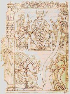 Richard II (til højre), med abbeden af Mont Saint-Michel (i midten) og Lothar af Frankrig (til venstre)