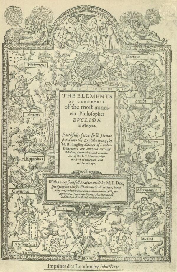 Pagina de titlu a primei versiuni englezești a Elementelor lui Euclid, realizată de Sir Henry Billingsley în 1570.  