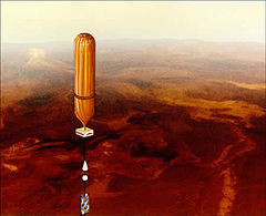 Forskningsballon, der flyver over Venus' overflade.