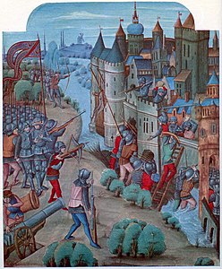 A 15th-century drawing of the end of a siege. Troops are storming the weakened castle.