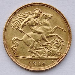 Mezza sovrana coniata a Sydney, Australia, 1914 con San Giorgio e il drago