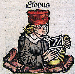 Aesop, como descrito no Nuremberg Chronicle. Ele é mostrado vestindo roupas alemãs do século 15, em vez do tradicional traje grego.