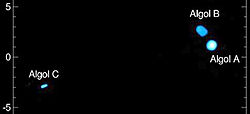 Das Algol-System, wie es am 12. August 2009 erschien. Keine künstlerische Darstellung, sondern ein echtes zweidimensionales Bild mit einer Auflösung von 1/2 Millibogensekunde im Nahinfrarot-H-Band.