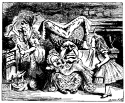 "Šioje sriuboje tikrai per daug pipirų! Alisa pasakė sau, kaip tik galėjo čiaudėdama. - Alisa stebuklų šalyje (1865). VI skyrius: Kiaulė ir pipirai. Atkreipkite dėmesį į virėjo pipirų malūnėlį.