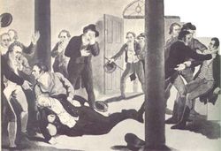 Obraz zobrazující vraždu Percevala. Perceval leží na zemi, zatímco jeho vraha Johna Bellinghama chytají úředníci (zcela vpravo).