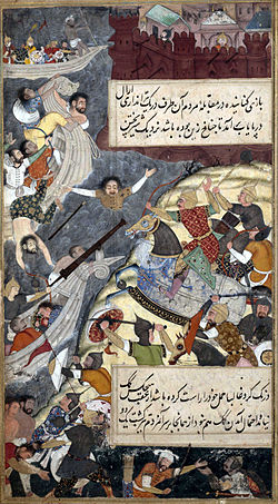 Babur atravessando o rio Indo.