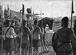 Robert the Bruce przemawiający do swoich żołnierzy. Ilustracja z Cassell's History of England, 1902.