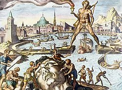 Kolossus van Rhodos , afgebeeld op een 16e-eeuwse gravure van Martin Heemskerck, deel van zijn serie van de zeven wereldwonderen.