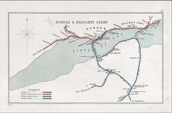 Schéma železničního uzlu z roku 1910 zobrazující most Tay Bridge a spojovací tratě a také trajekt spojující Tayport s Broughty Ferry.