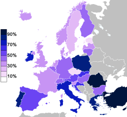 Pourcentage de personnes dans les pays européens qui ont déclaré en 2005 qu'elles "croient qu'il y a un Dieu". Les pays à majorité orthodoxe (Grèce, Roumanie, etc.) ou musulmane (Turquie) sont ceux qui ont le plus de sondages.
