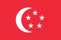 A white crescent and five stars (arranged in a pentagon) centred on a red background