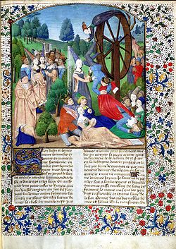 Z vydání Boccacciova spisu De Casibus Virorum Illustrium, na němž je zobrazena paní Štěstěna, která točí kolem.  