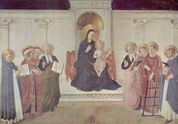Madonnan och barnet i majestät med helgon i en freskomålning i San Marco i Florens. Två av de heliga är dominikanermunkar som Fra Angelico.