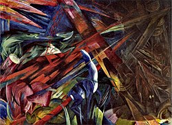 Franz Marc, Das Schicksal der Tiere, 1913, Öl auf Leinwand. Gezeigt in der Ausstellung Entartete Kunst in München, Nazideutschland, 1937
