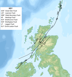 Kort over Great Glen-forkastningen og andre senkaledonske streg-slip-forkastninger i Skotland og det nordvestlige Irland
