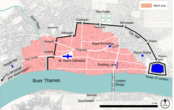 Mapa de Londres después del Gran Incendio de 1666, mostrando la casa de Pepys
