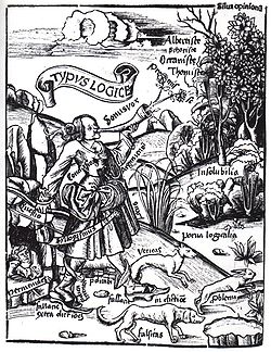 Gregor Reisch, Logika představuje svá hlavní témata. Margarita Philosophica, 1503 nebo 1508. Na rytině dva psi pojmenovaní veritas (pravda) a falsitas (lež) honí králíka pojmenovaného problema (problém). Za psy běží Logika, vyzbrojená mečem syllogismus (sylogismus). V levém dolním rohu je v jeskyni vidět filozof Parmenidés.