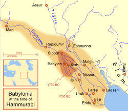 Zemljevid babilonskega ozemlja ob Hammurabijevem nastopu leta 1792 pred našim štetjem in ob njegovi smrti leta 1750 pred našim štetjem