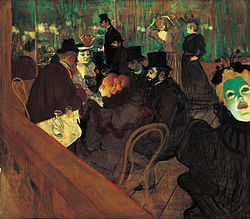 Moulin Rouge (1895), obraz Henriho Toulouse-Lautreca, který zachycuje živelnou a dekadentní atmosféru společnosti v období fin de siècle.