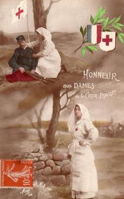 Cartão postal francês celebrando o papel dos enfermeiros da Cruz Vermelha durante a Primeira Guerra Mundial, 1915.