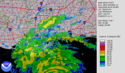Immagine radar dell'uragano Katrina che fa il suo secondo e terzo atterraggio.