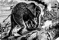 Jumbo redder Tom Thumb (Illustration til Barnums løgnehistorie, 1885)  