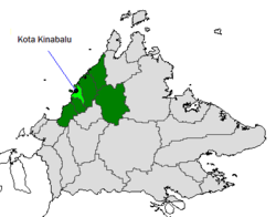 Lage des Bezirks Kota Kinabalu und der Stadt innerhalb der West Coast Division von Sabah.