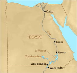 Mapa jezera Nasser s vyznačením polohy Wadi Halfa