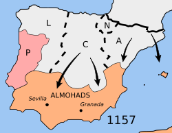 Karta som visar det område som almohaderna kontrollerade i Spanien och hur motattackerna från Kastilien (C) och Aragonien (A) gick till. ((L) Leon, (P) Portugal, (N) Navarra)  
