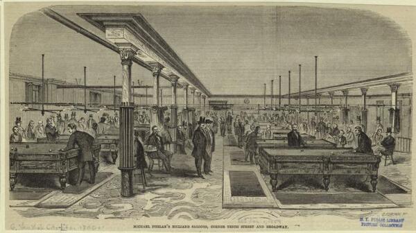 Historisk tryk, der viser Michael Phelan's Billiard Saloon på hjørnet af 10th Street og Broadway på Manhattan, 1. januar 1859  