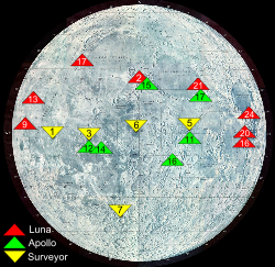 Diese Karte zeigt die Landeplätze der Missionen Surveyor, Apollo und Luna
