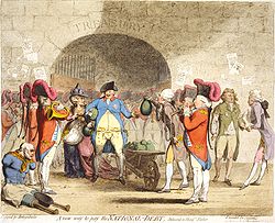 Dans une caricature de James Gillray de 1786, les nombreux sacs d'argent remis au roi George III sont mis en contraste avec le mendiant dont les jambes et les bras ont été amputés, dans le coin gauche