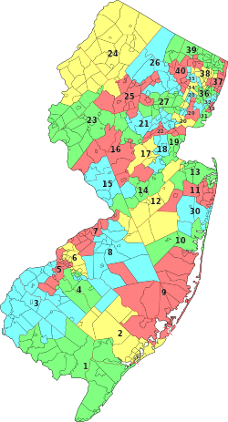 Legislativní obvody v New Jersey podle nového rozdělení v roce 2011.