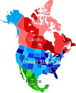 Dette kort viser det amerikanske fastland med blå farve. Alaska er vist med blåt, men er adskilt fra de andre kontinentale amerikanske stater. Hawaii er ikke vist på dette kort.  