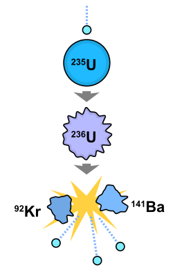 Il diagramma di fissione nucleare mostra un neutrone che viene assorbito da un nucleo di uranio che poi diventa instabile e si scinde in due nuovi atomi con rilascio di energia e altri neutroni.