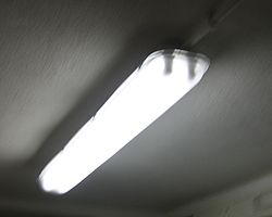 Ένας παραδοσιακός λαμπτήρας φθορισμού σε σχήμα σωλήνα σε ένα απλό φωτιστικό.