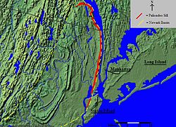 Mapa polohy Palisades Sill (červená) v povodí Newarku (žlutá)