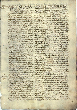 Pierwsza strona rękopisu Rabinal Popol Vuh, przechowywanego w Newberry Library, Chicago, Kolekcja Ayera