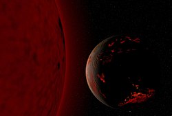 Dessin de la Terre après que le Soleil soit entré dans la phase de géante rouge, dans sept milliards d'années.