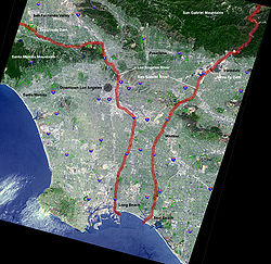 En karta över Los Angeles River och San Gabriel River. San Gabriel-floden ligger till höger.